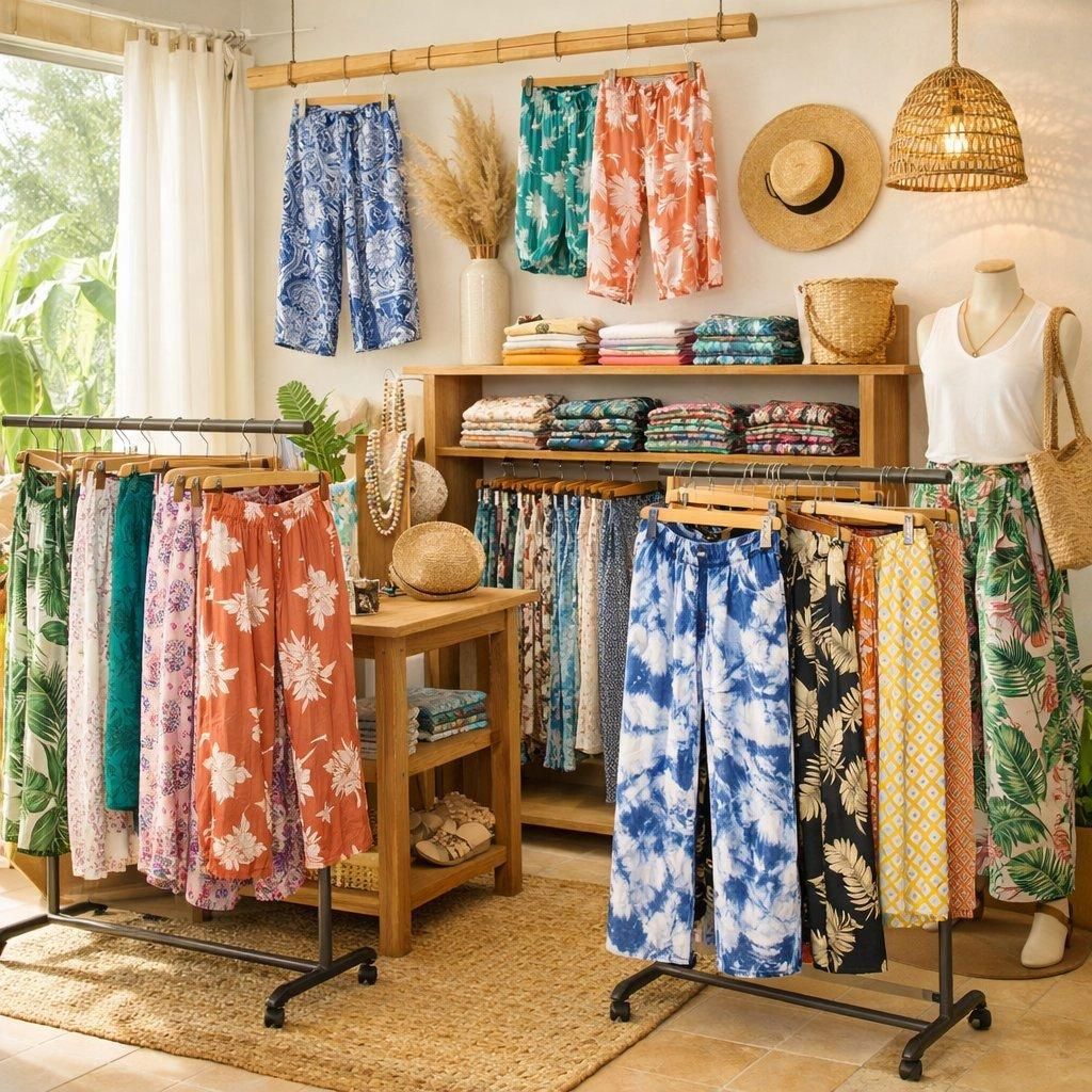 Boutique lumineuse d'été avec divers pantalons fluides imprimés en matières légères et coupes variées.
