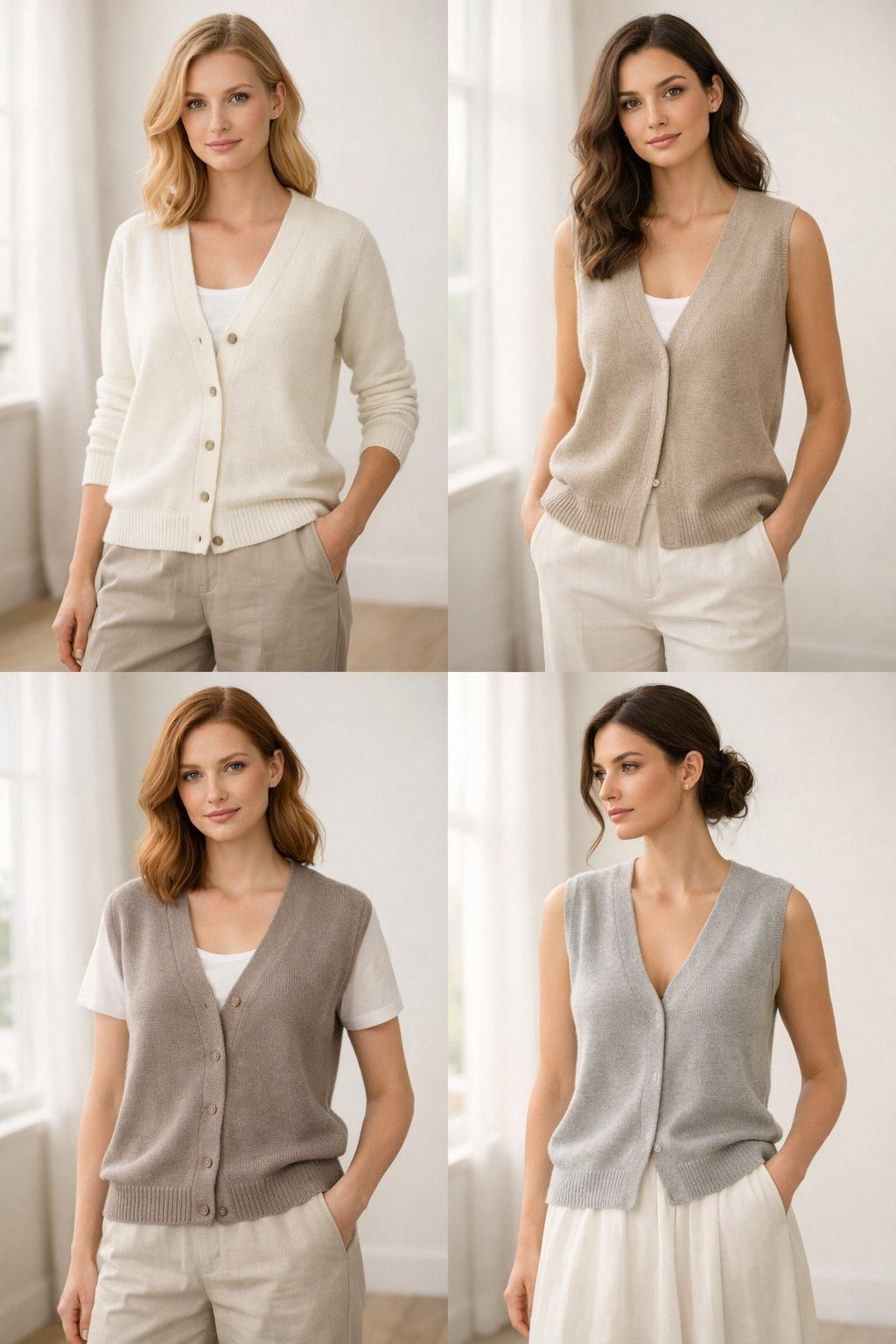 Collection de gilets en maille fine en laine mérinos et coton bio, présentation élégante en tons neutres.