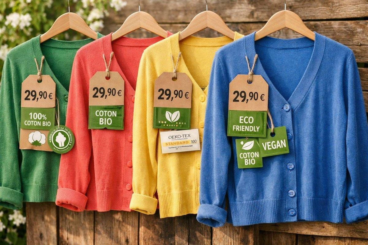 Collection de gilets femme en coton bio colorés avec étiquettes prix et labels écologiques visibles, éclairage naturel doux.