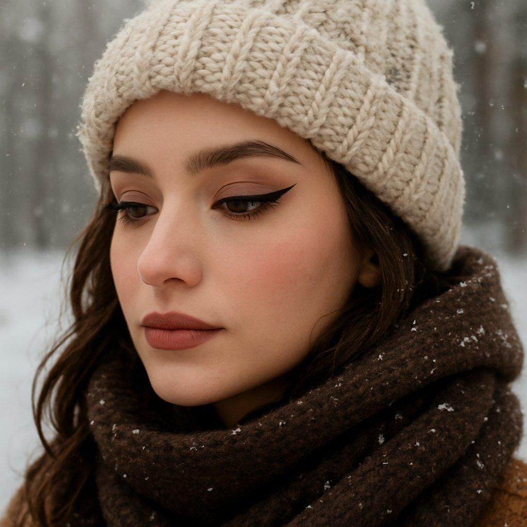 Crayons marron glacé et noir minimaliste pour un look eyeliner hiver 2025, texture velours matte.