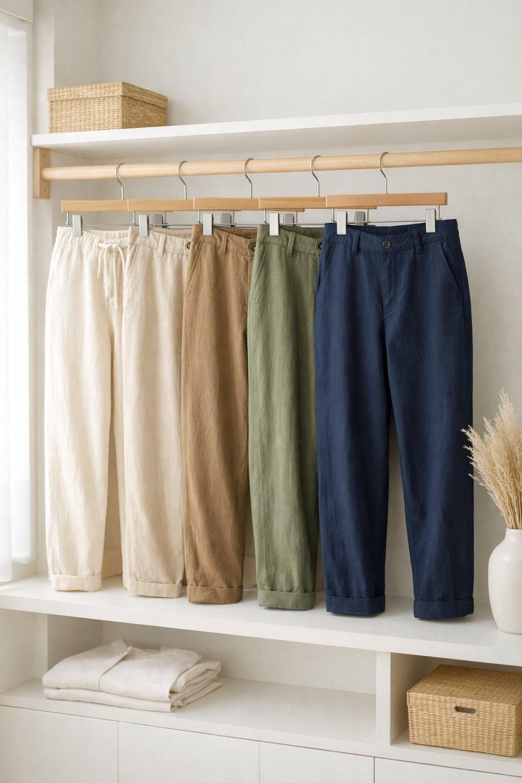Différents pantalons Uniqlo en tissus naturels, suspendus dans un dressing minimaliste lumineux et élégant.