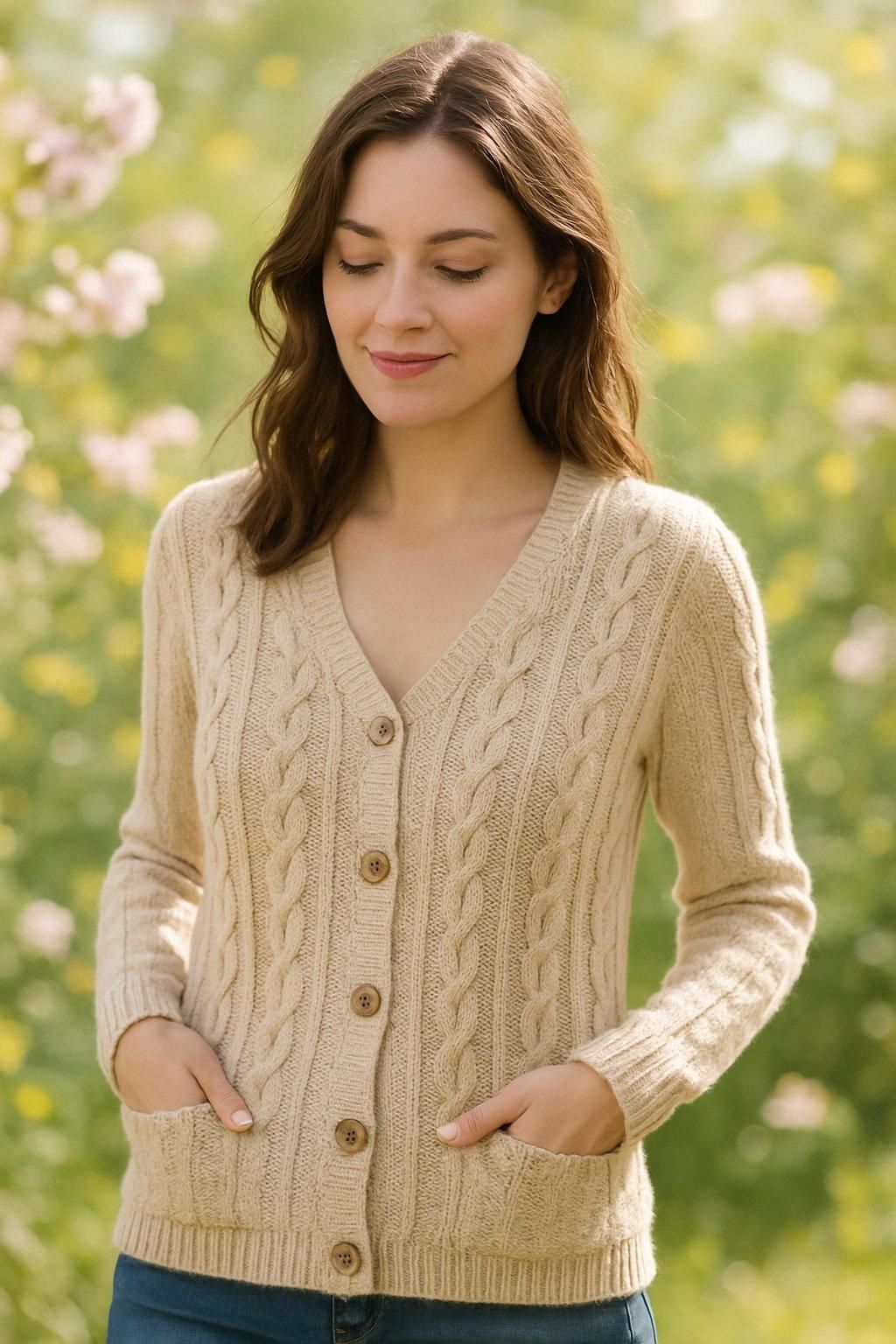 Gilet femme léger beige en maille torsadée porté en extérieur sur fond printanier lumineux.