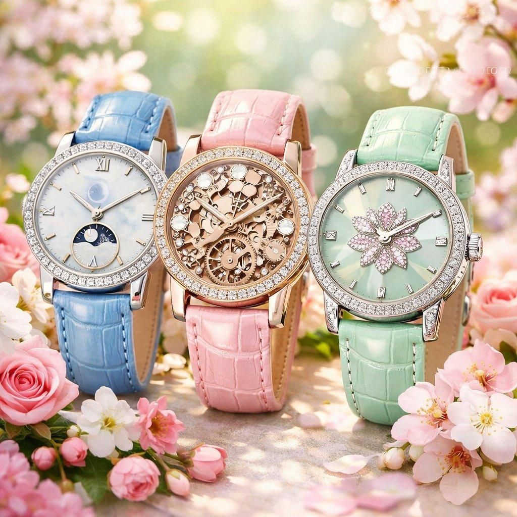 Montres féminines luxueuses avec bracelets pastel colorés et sertissages scintillants sur un fond printanier lumineux.