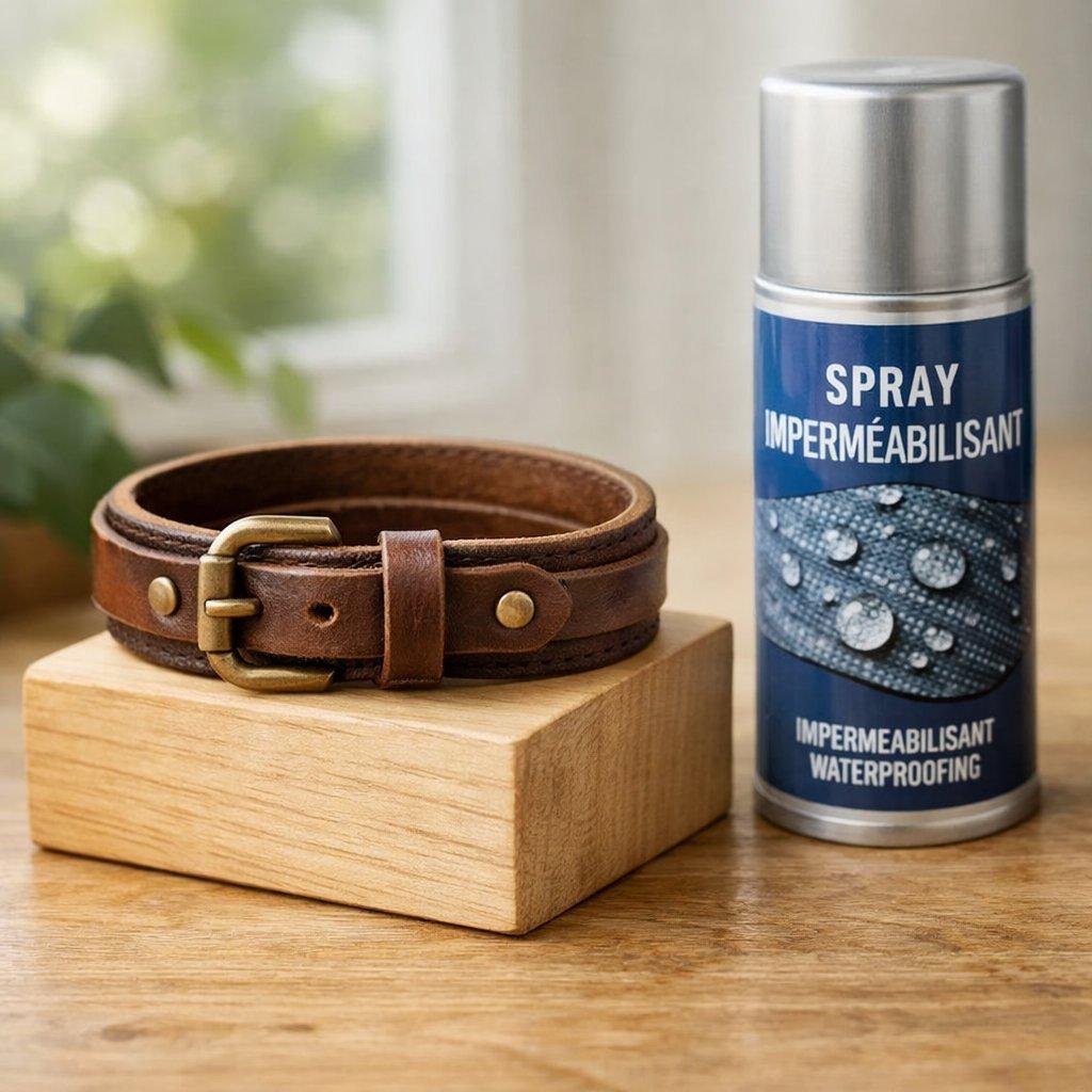 Bracelet en cuir marron posé sur un support en bois clair avec spray imperméabilisant, pour une protection durable.