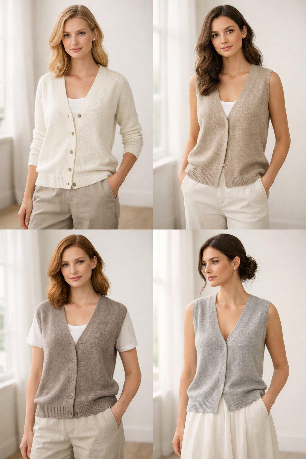 Collection de gilets en maille fine en laine mérinos et coton bio, présentation élégante en tons neutres.