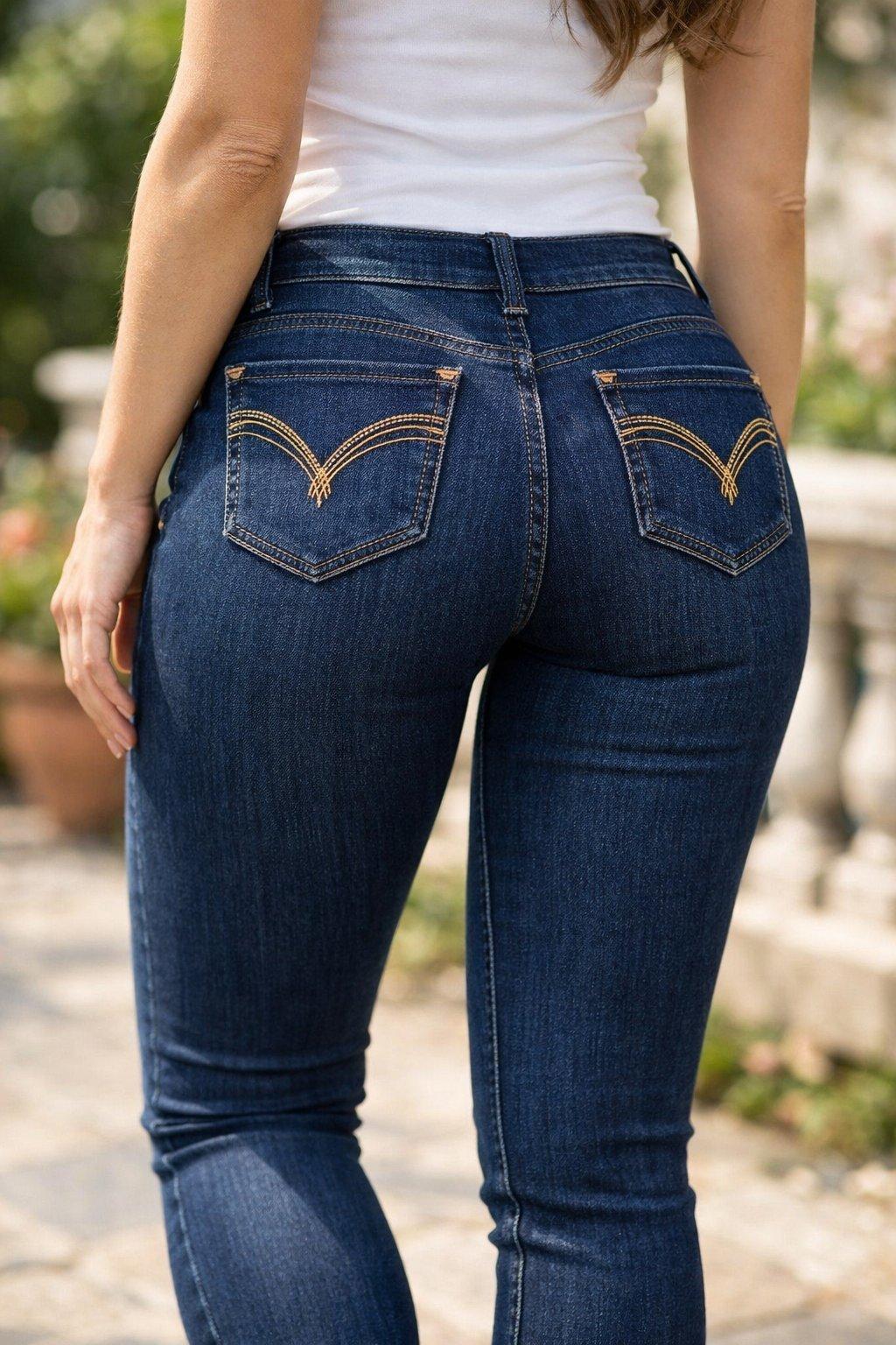 Jean push-up slim bleu foncé taille S avec poches brodées et tissu stretch ajusté sous lumière naturelle raffinée.