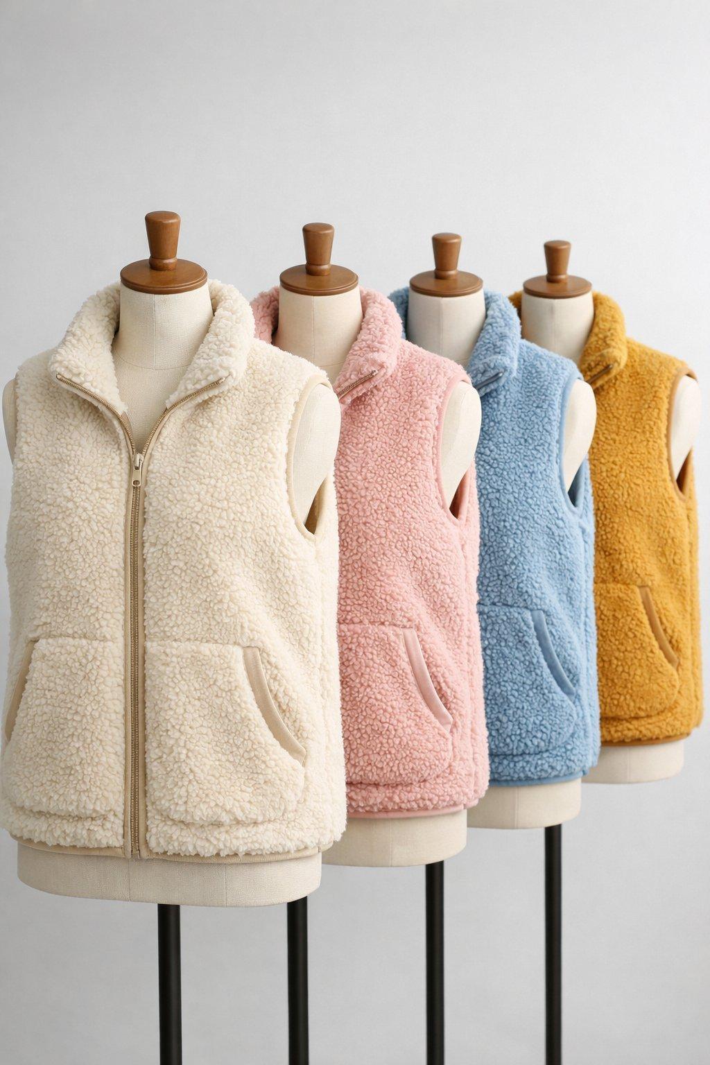 Mannequins alignés portant plusieurs gilets sans manches sherpa moumoute colorés, tissu doux et chaud.
