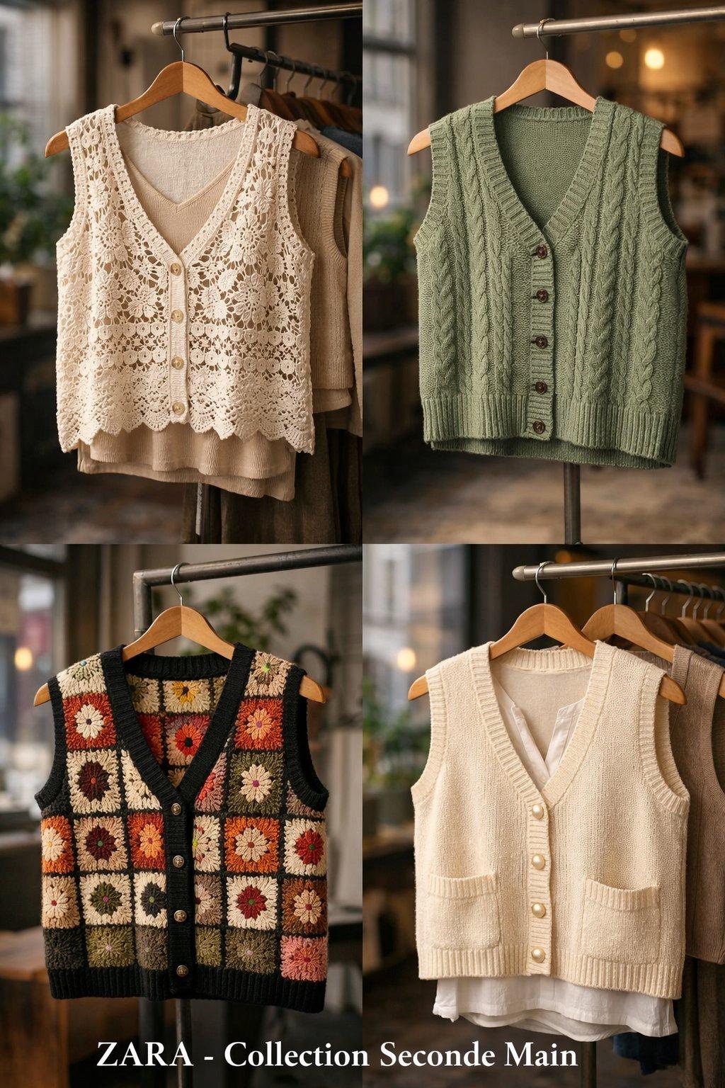 Collection de gilets ZARA seconde main variés en laine mérinos et maille crochet, idéale pour un look urbain contemporain.