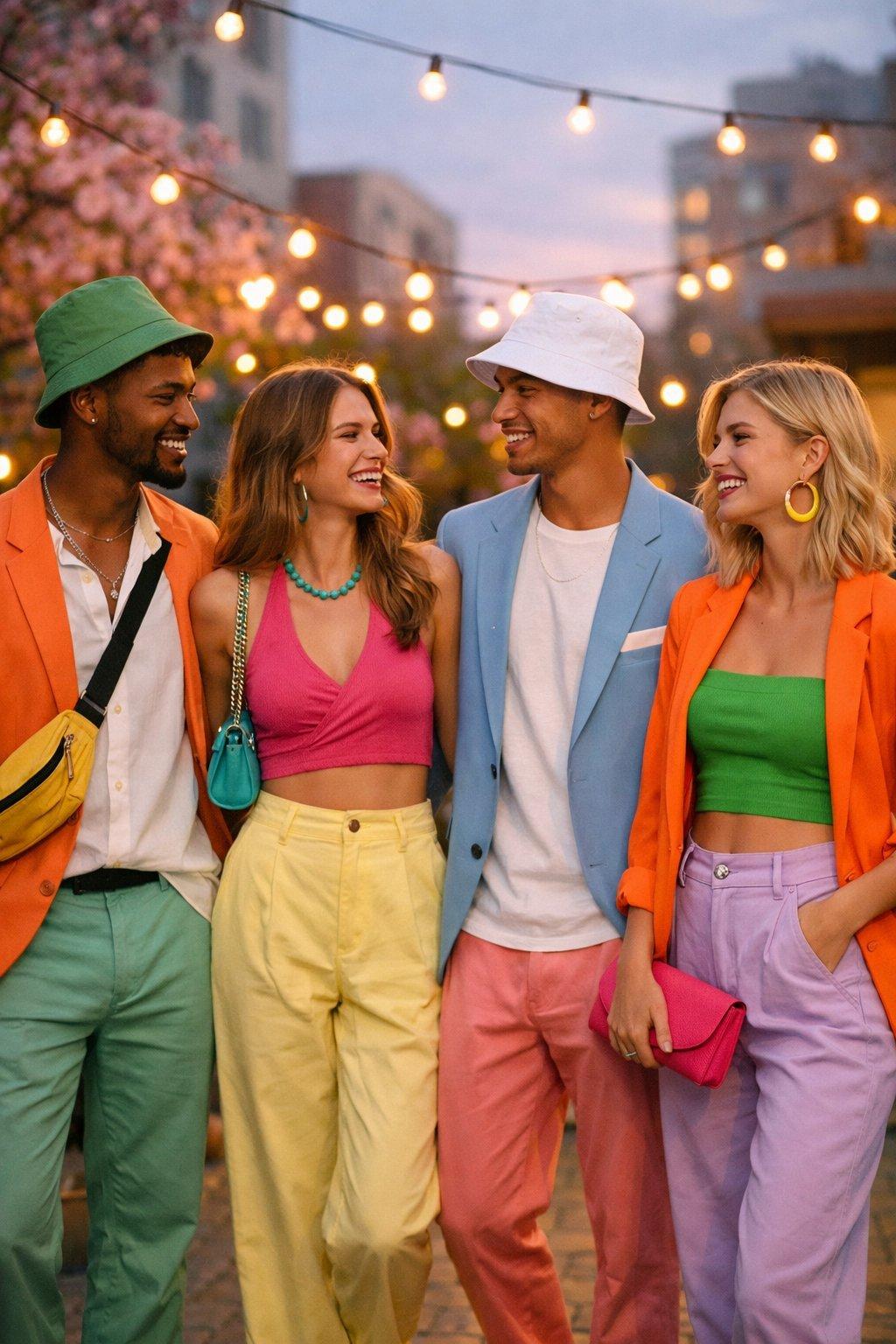 Groupe de jeunes urbains élégants portant pantalons légers colorés et accessoires vifs lors d'une soirée printanière en ville.