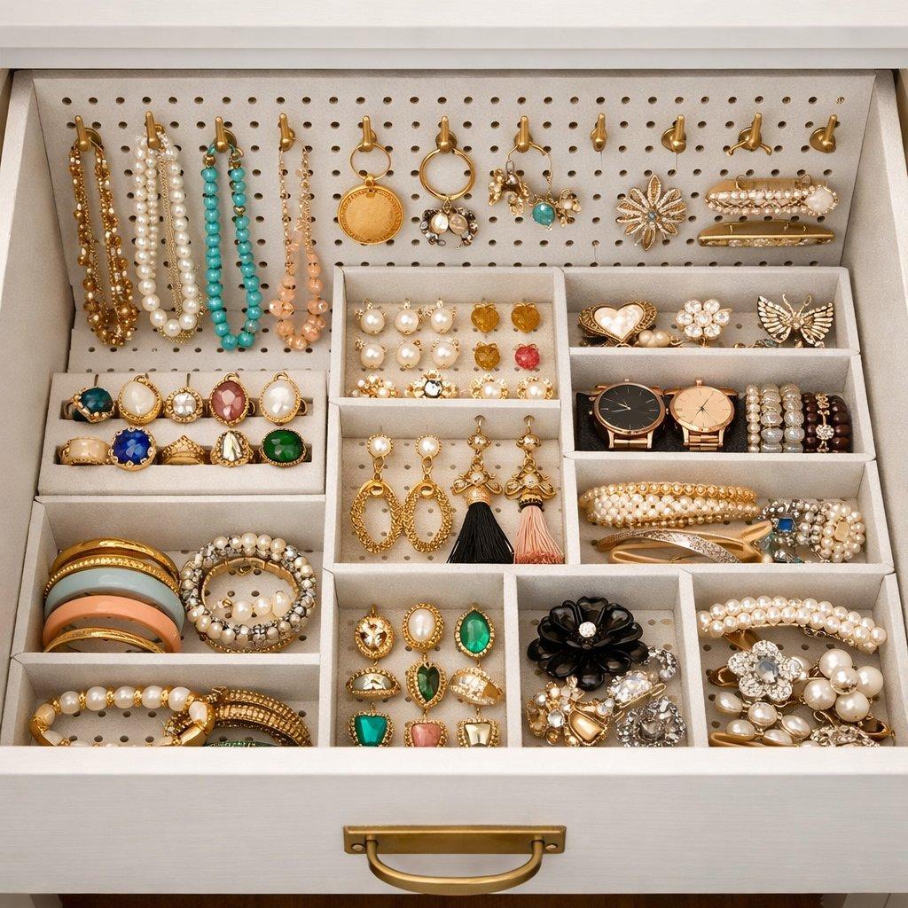 Tiroir organisé avec panneaux perforés, crochets en laiton et séparateurs en carton plume pour bijoux fantaisie.