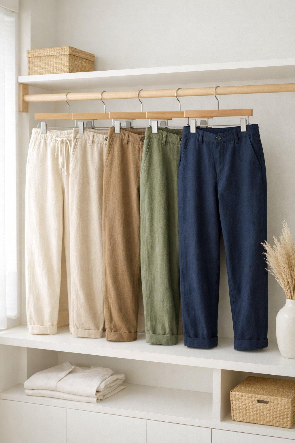 Différents pantalons Uniqlo en tissus naturels, suspendus dans un dressing minimaliste lumineux et élégant.
