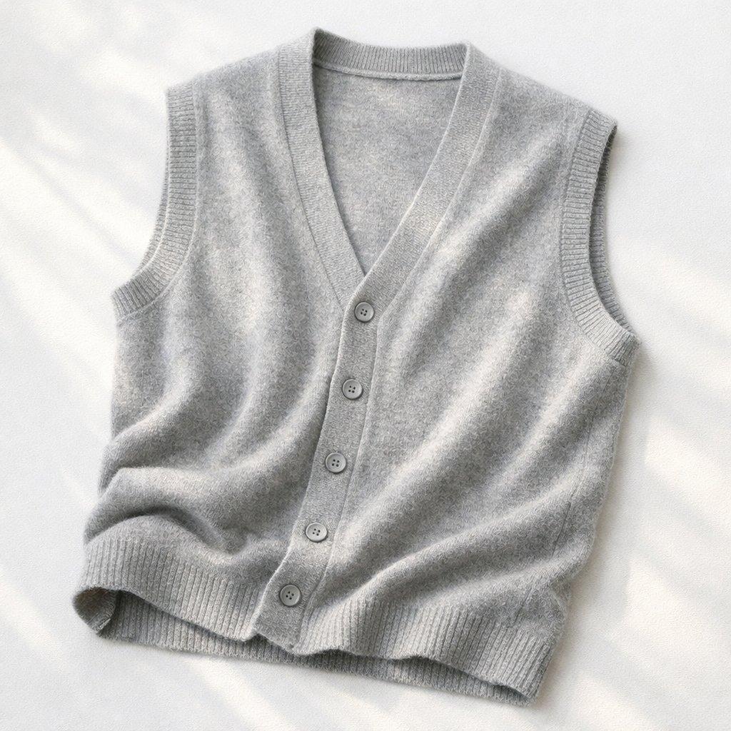 Gilet gris clair effet cachemire délicatement posé sur fond blanc, lumière naturelle révélant sa texture douce.