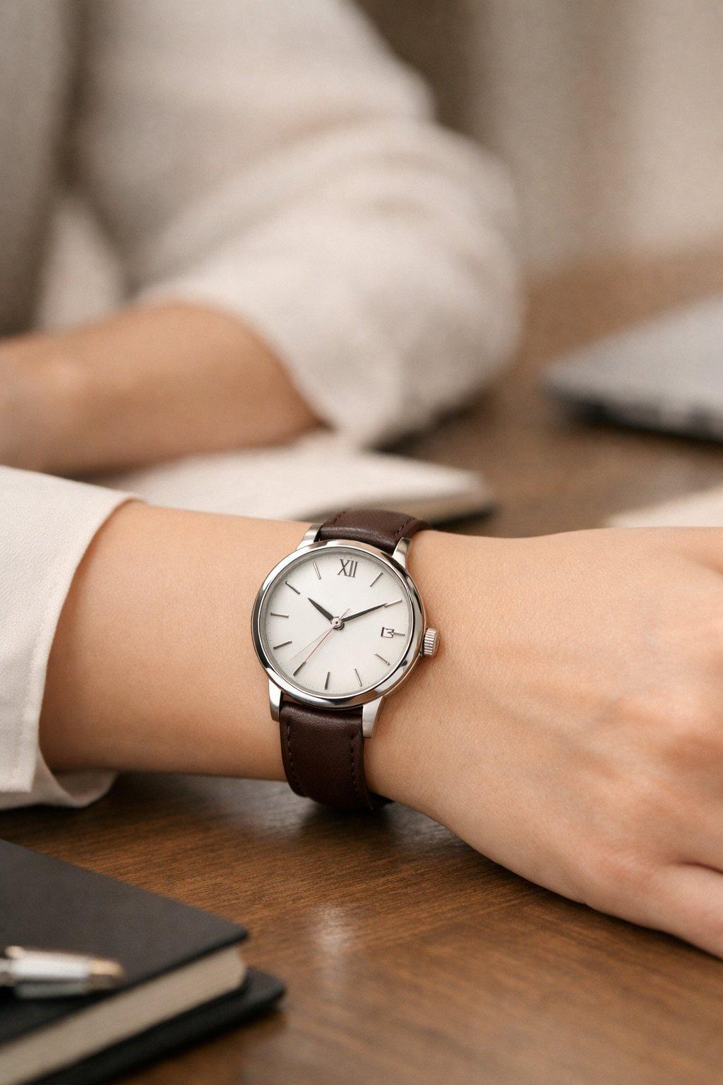 Montre élégante à boîtier rond en acier inoxydable avec bracelet fin en cuir, idéale pour femmes actives.