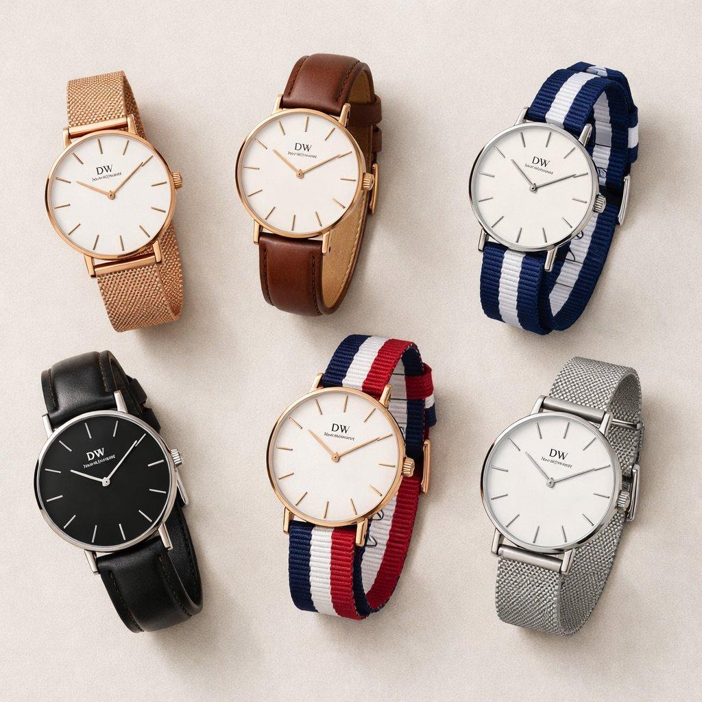 Plusieurs montres élégantes Daniel Wellington avec bracelets variés et interchangeables, style minimaliste et moderne.
